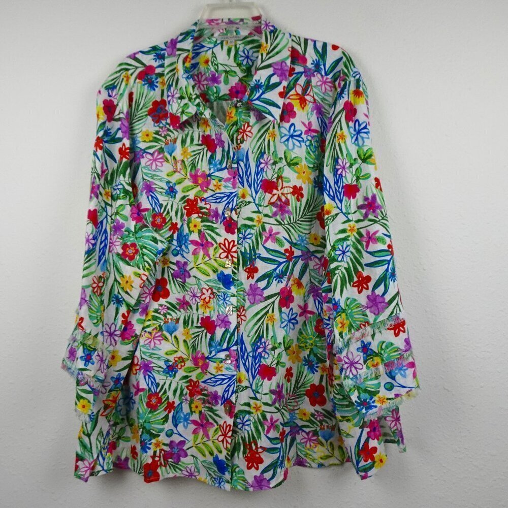 John Mark Linen Tunic Top Women's Plus Size 3X Multicolor Floral Pockets